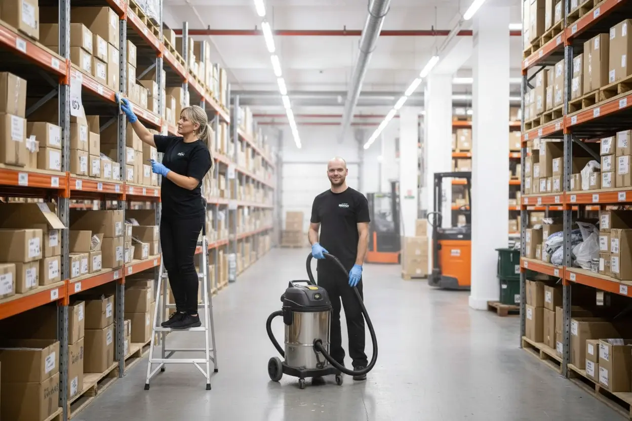 Rengøring af en lang gang i forbindelse med industrirengøring