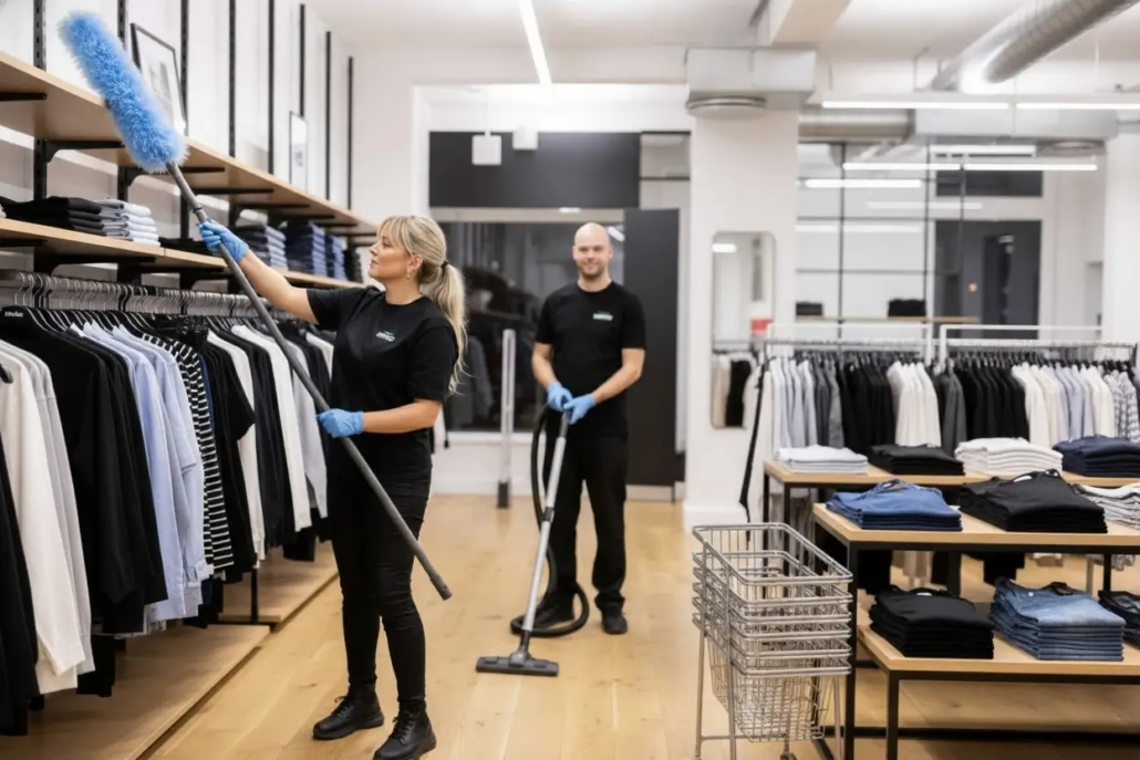 Rengøringspersonale, der udfører butiksrengøring