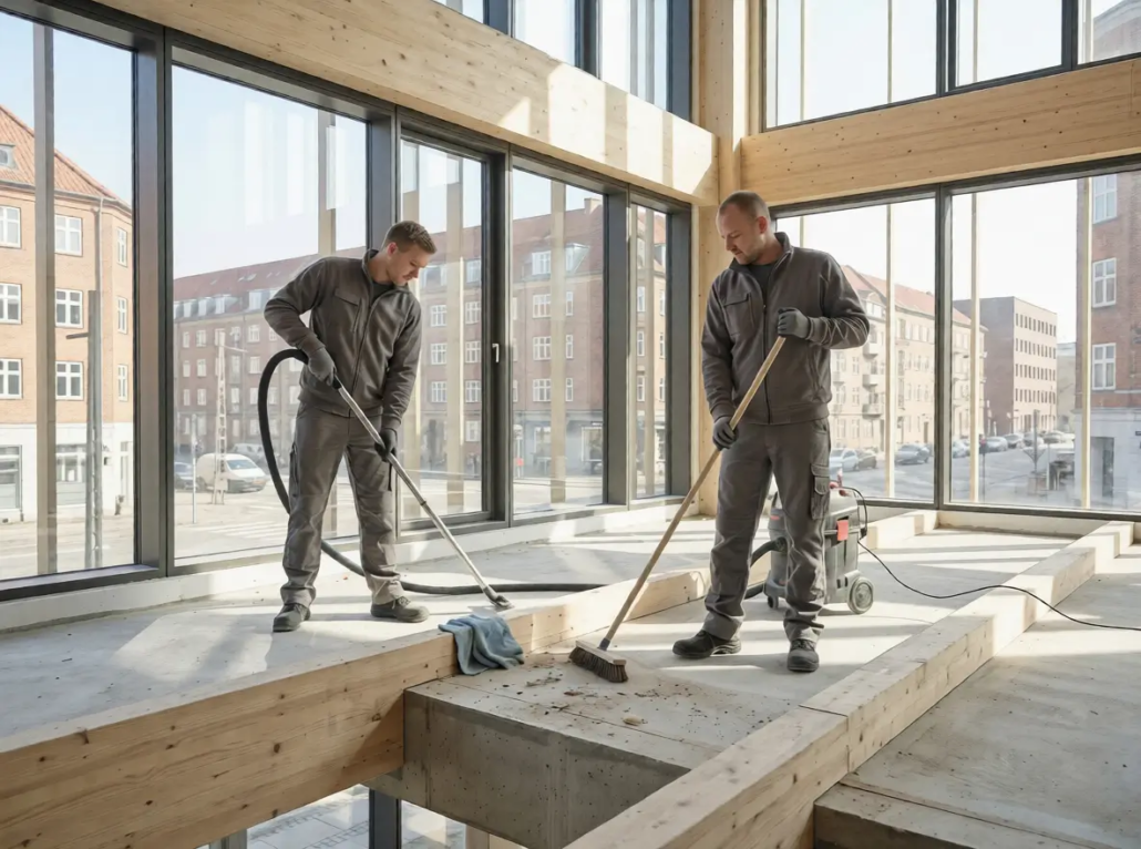 Rengøring af byggeplads udført professionelt under byggeprojekt